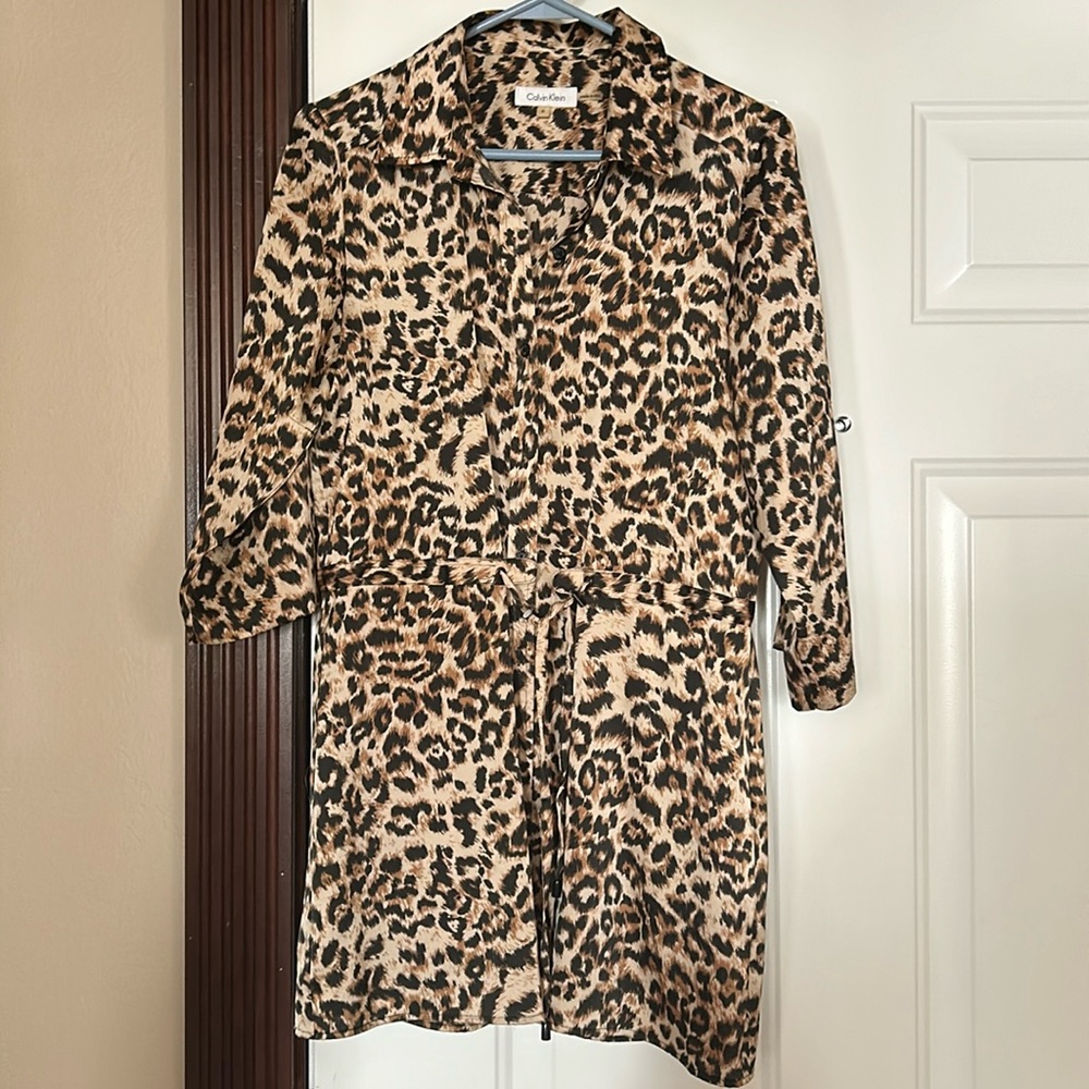 CALVIN KLEIN Leopard Tunic Dress S Button Cinch Waist Duster Career Party